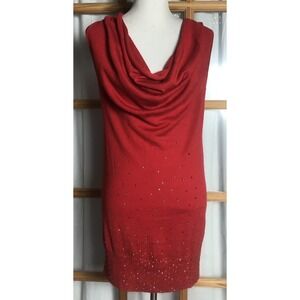 Moma Plunging Cowl Neck Dress Women's M Mini Red Rhinestones Sleeveless Cocktail